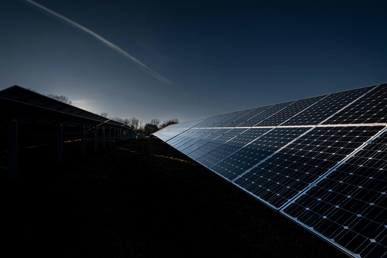 Close-up of a solar panel array at dusk