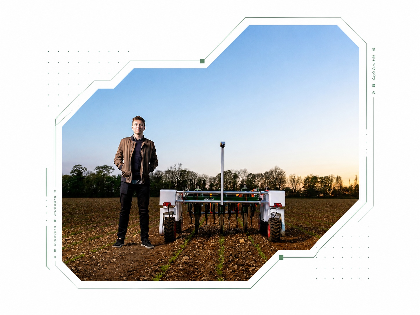 Founder standing beside an autonomous agricultural robot in a field at dusk, shown with its original decorative frame and brand accents