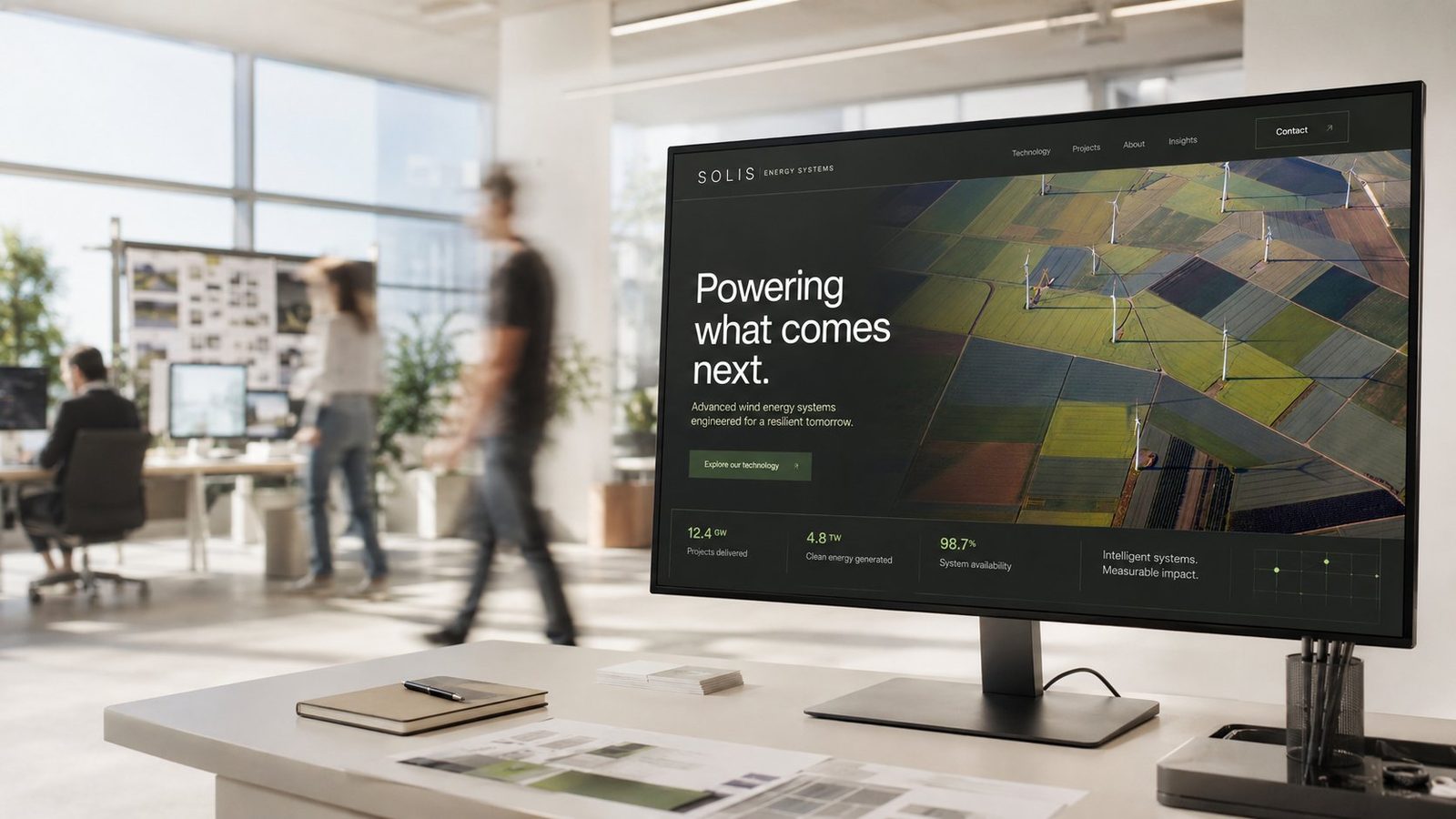 Modern office with a monitor displaying a polished sample website built by the TerraScale Creative Studio
