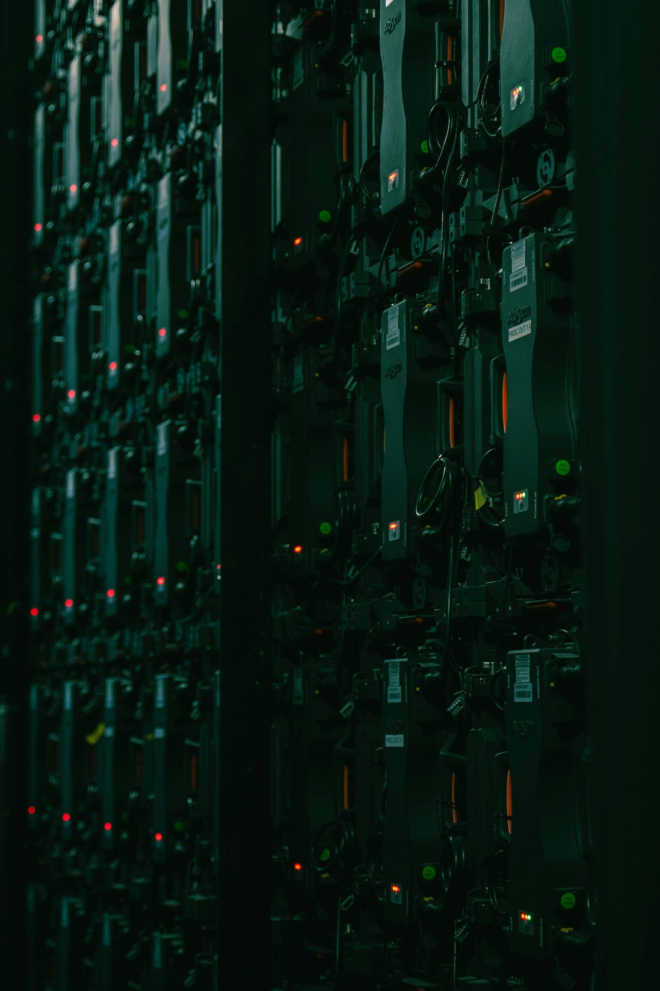 Rows of illuminated server infrastructure