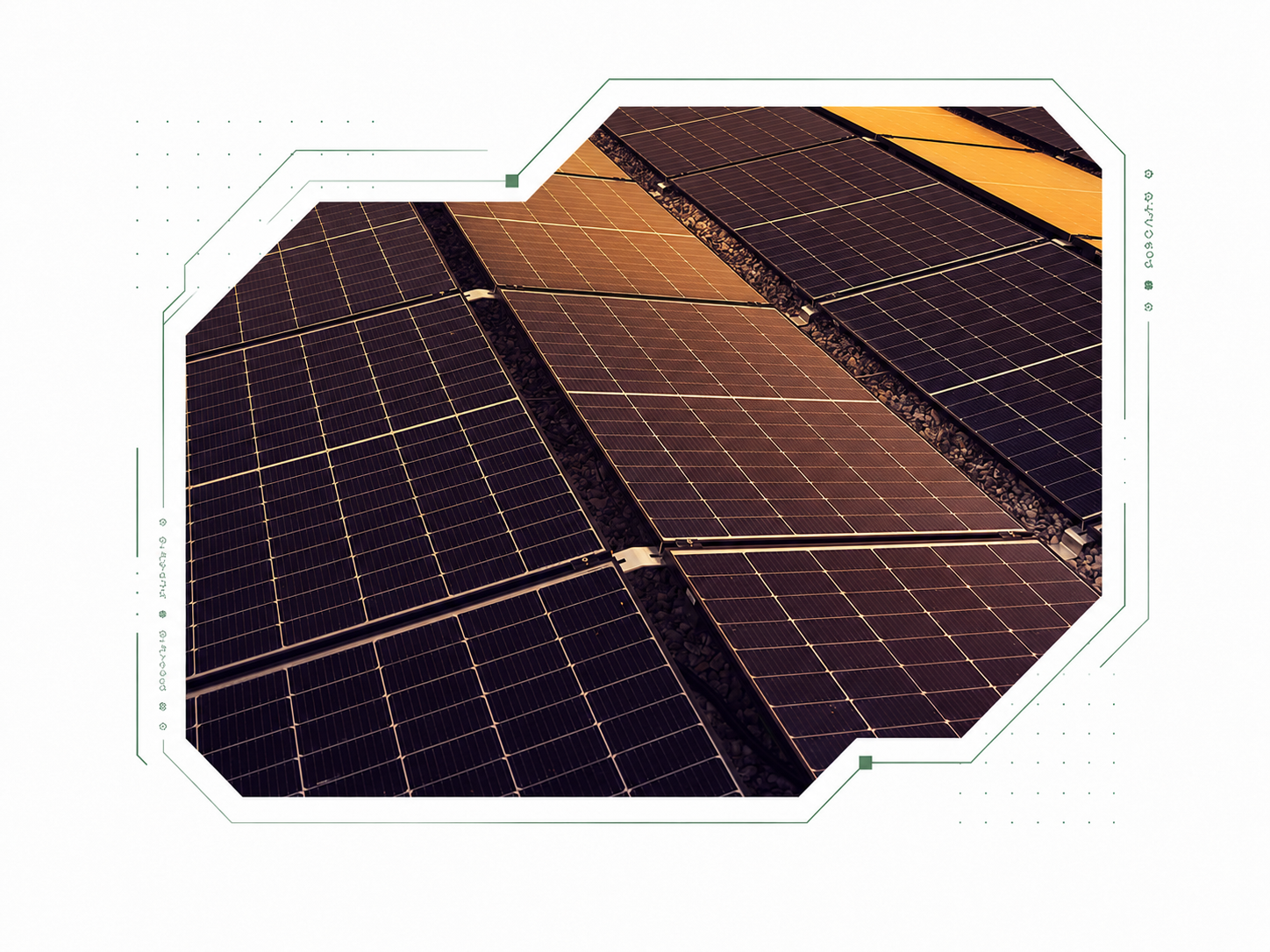 Solar panel array framed within an angular technical graphic