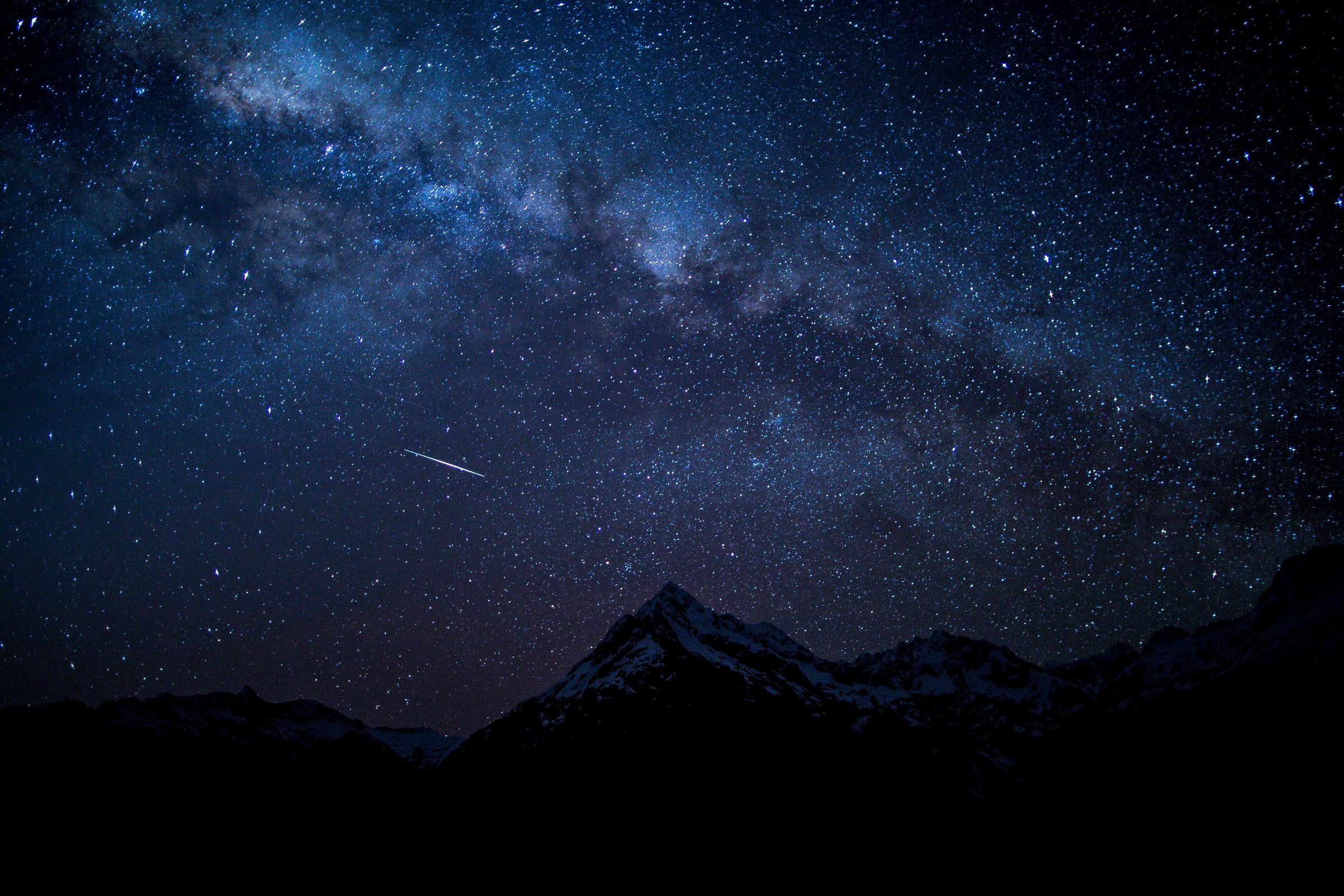 The Milky Way arcing over a silhouetted, snow-capped mountain range at night