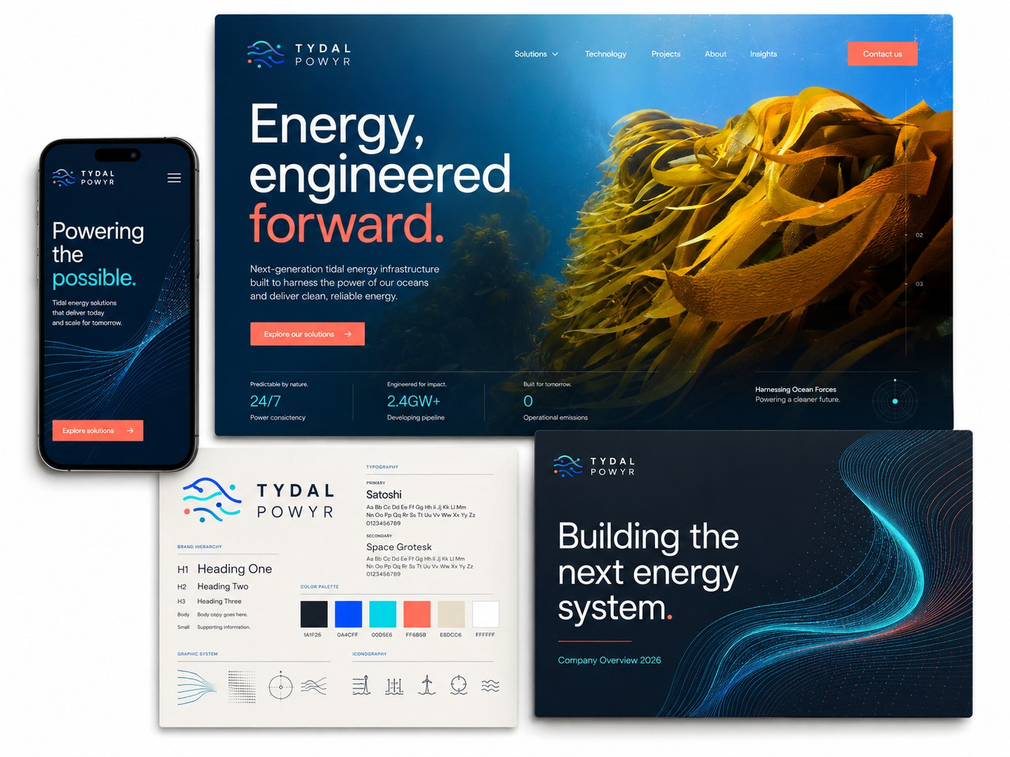 TYDAL POWYR brand system mockup showing a website, mobile app, brand guidelines, and company overview deck created by the TerraScale Creative Studio